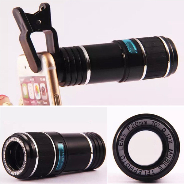 wholesale newest Universal 12x 70 Zoom Optical Lens Phone Telescope Camera Lens For iPhone for Samsung Clip Eightfold Magnifier with Holder