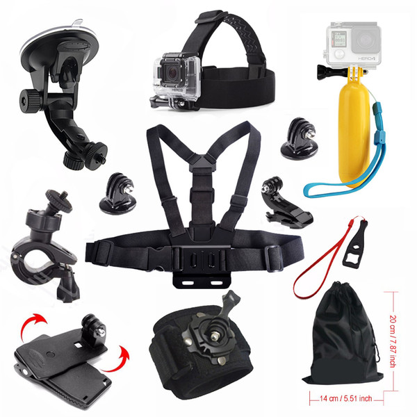 12 in 1 sports camera accessories kit headband chest bucket bar sucker bra cket adapter rotating wrist strap bag clip Bicycle handlebar cl