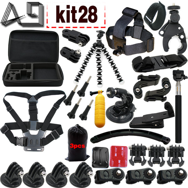 Freeshipping 28kit For GoPro accessories set go pro kit mount SJCAM Xiaomi Yi for Sony Act Cam HDR AS200V AS100V AZ1 mini FDR-X1000V/W 4 k