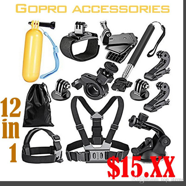 Go pro Accessories Set Helmet Harness Chest Belt Head Mount Strap Monopod For action camera Hero 4 3+ 2 1 xiaomi yi 12 in 1