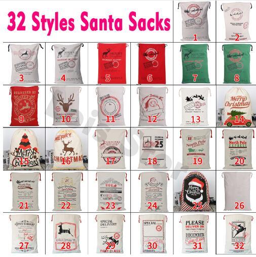 32 colors Christmas Gift Bags Large Organic Heavy Canvas Bag Santa Sack Drawstring Bag With Reindeers Santa Claus Sack Bags for kids