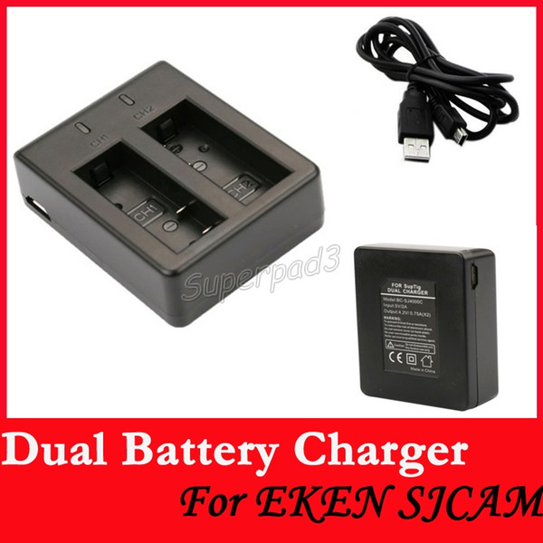 30pcs High Quality 900mAh 1050mAh Camera USB Dual Battery Charger For SJCAM SJ4000 SJ5000 M10 EKEN H2 H3R K8R H9R H8R W9R G2