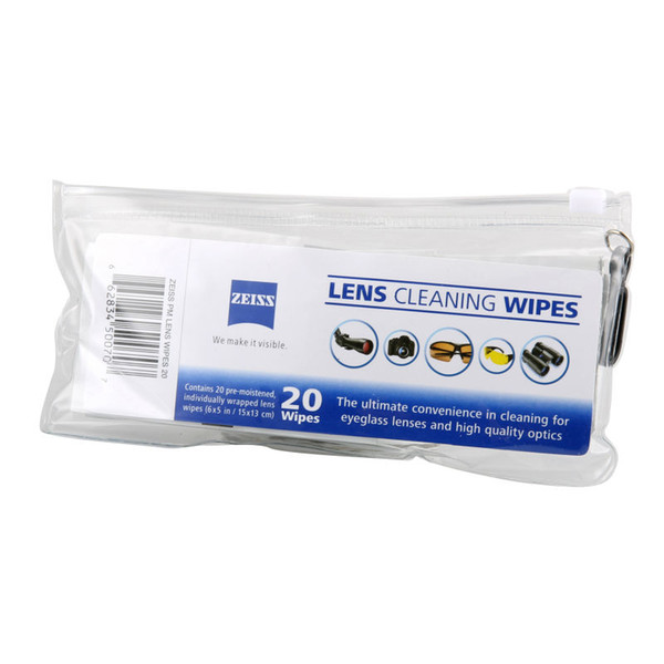 Wholesale- Eco-friendly ZEISS white microfiber glasses cleaning cloth with free travelling carrying pouch(2 packs of 20 wipes)