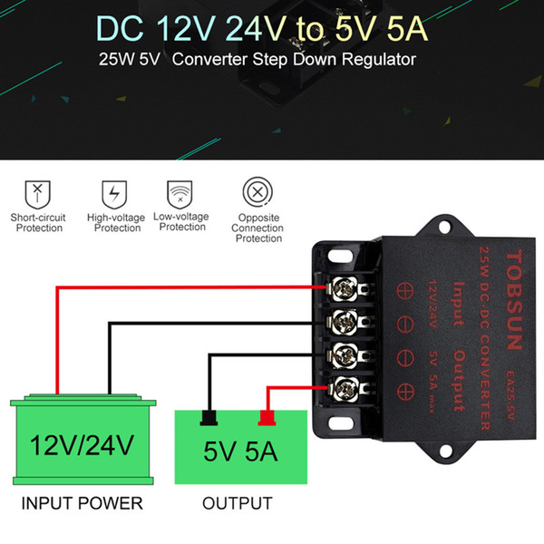 12V 24V to 5V 5A 25W DC DC Converter Power Supply Adapter Step Down Regulator Electronic Transformer for LED Strip TV Speaker Camera