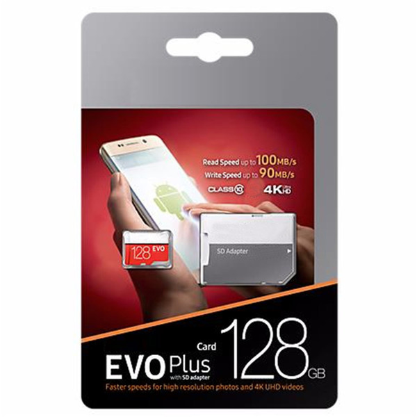 Black EVO + 100MB/S 32GB 64GB 128GB 256GB C10 TF Flash Memory Card Class 10 Free SD Adapter Retail Blister Package Epacket DHL Free Shipping