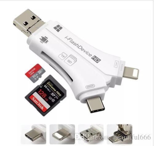 Brand New 4 in 1 I Flash Drive USB Micro SD&TF Card Reader Adapter for IPhone 5 6 7 8 for IPad Macbook Android Camera Black White free ship