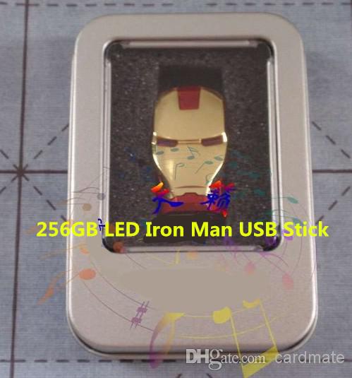 256GB 128GB 64GB USB 2.0 LED Iron Man Flash Drive Pen Memory Stick Chrome Metal Gold Red Silver Retail Packaging DHL EMS 1 Day Shipping