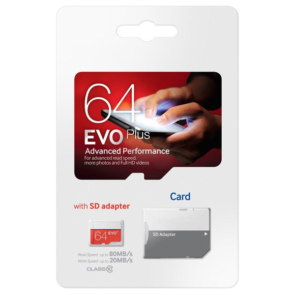 White EVO Plus + 80MB/S 90MB/S 32GB 64GB 128GB 256GB C10 TF Flash Memory Card Class 10 Free SD Adapter Retail Blister Package Epacket DHL Fr