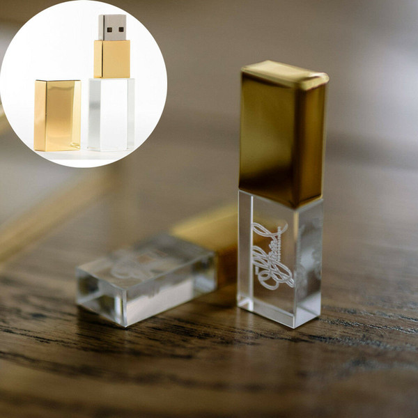 Gold Glass Crystal USB Flash Drive Engraved Custom Wedding Gift USB Box Pendrive