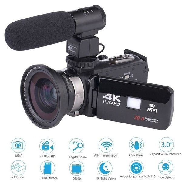 4K 48MP Digital Camera WiFi Video Camera Camcorder Recorder IR Infrared Night Sight 16X Zoom Support External Microphone &Wide-Angle Lens