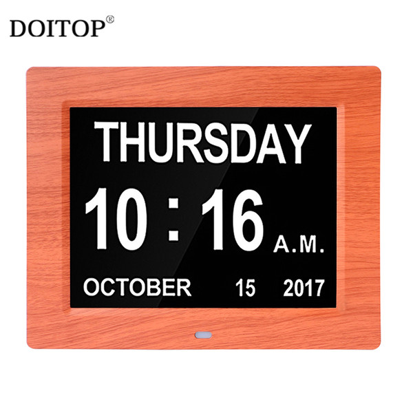 DOITOP 8 Inch Dark red wood pattern Dual Color Digital clock LED electronic wall clock calendar photo frame Day and Date Display