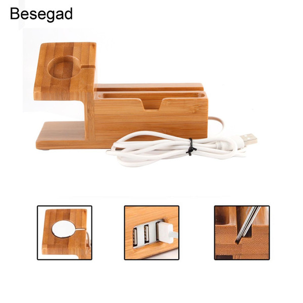 Besegad Wood Charging Charger Station Dock Stand Holder w/ 3 USB Hub Port for Apple Watch iWatch 1 2 3 4 iPhone X 8 7 6 6s Plus