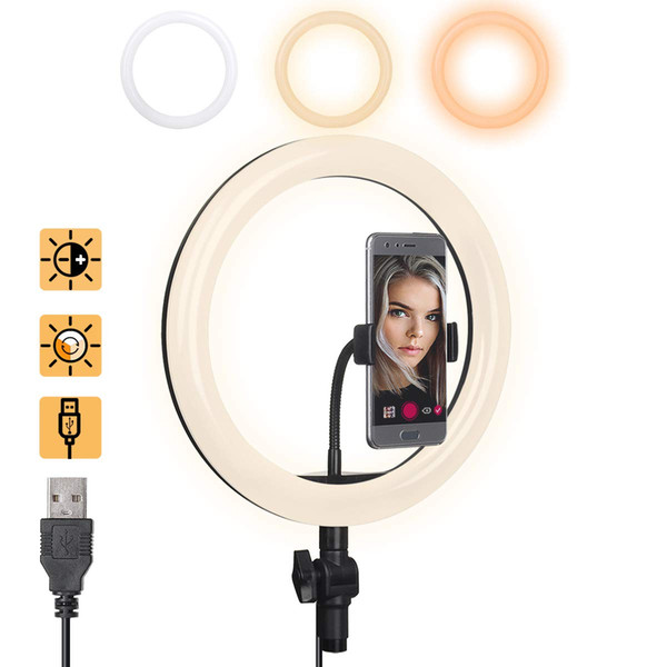 LED Ring Light, Dimmable Beauty Plastic Soft USB Adjustable3 Lights Color 10 Inch ,with Phone Stand for Streaming Makeup