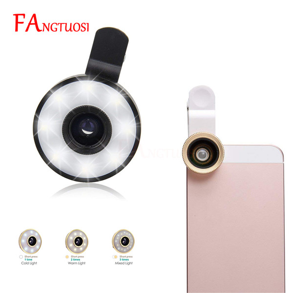 FANGTUOSI New Selfie Ring light Mobile Phone Camera LED Flash Light For iPhone Adjustable Wide Angle Macro Fisheye Lens light