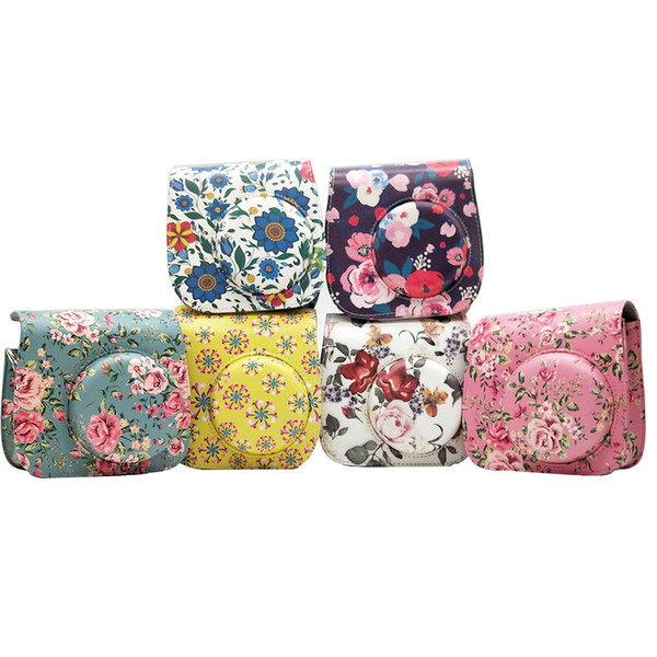 Flower PU Leather Camera Case Bag for Instax Mini 9 8 8 plus Instant Film Camera with Accessories Pocket and Strap