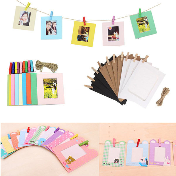 10 Pcs DIY Kraft Paper Photo Frame 3 inch Hanging Wall Photos Picture Frame Kraft Paper With Clips and Rope For Family Memory