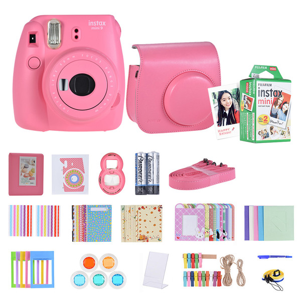 Instax Mini 9 Instant Camera Film Selfie Mirror Pink+14 in 1 Instant Camera Kit+20*Instax Mini White Film Photo Paper