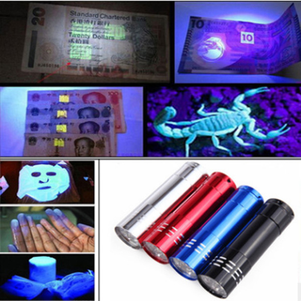 9LED Mini Aluminum UV Ultra Violet 9 LED Flashlight Blacklight Torch Light Lamp 30PCS