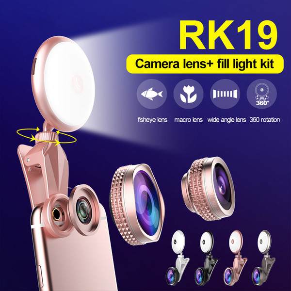 Wholesale Multifunctional LED Selfie Flash Light RK19 Beauty Artifact LED Fill light adjustment with Fisheye Lens Wide Angle Lens Macro Lens