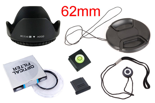 6 in1 62mm lens UV filter + 62mm center pinch Snap-on cap cover + lens cap line hood 2 hot shoe with track number