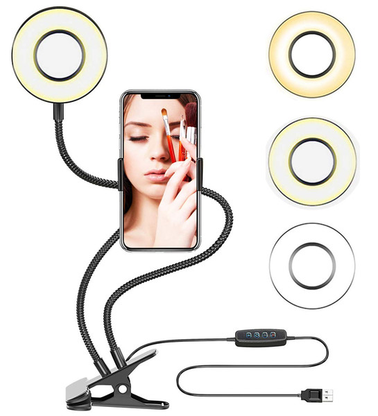 Selfie Ring Light with Cell Phone Holder Stand for Make , [USB Power ] 3 Light Mode[10-Level Brightness] Live Stream Holder Desk Lamp