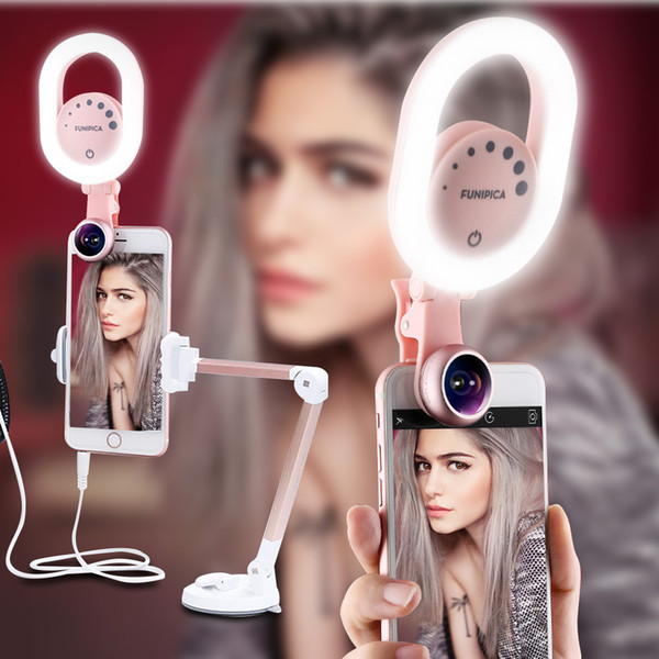 wholesale Lieqi LED Selfie Ring Light USB Rechargeable with Wide Angle Lens,Photography Brightness Enhancing Video Flash for iPhone