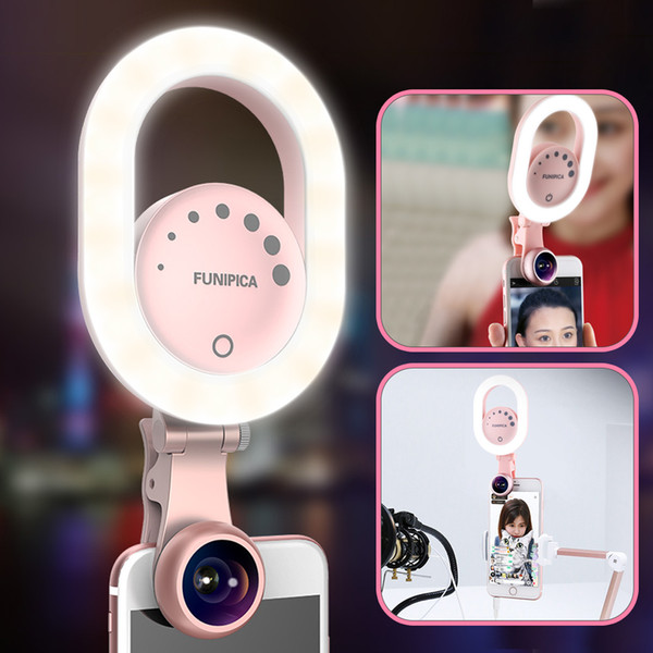 wholesale Live Stream Selfie Light with Wide Angle Lens Clip-on Rechargeable LED Ring Light for iPhone X/8/7 Plus Smartphone Tablet