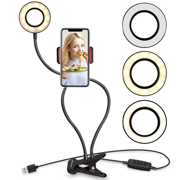 Cell Phone Holder with Selfie Ring Light for Live Stream, Flexible Mobile Phone Clip Holder Lazy Bracket Desk Lamp LED Light