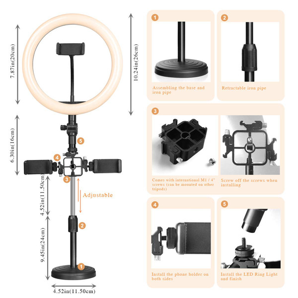 LED Ring Light with Adjustable Stand 3 Phone Holder,10 inches Dimmable 3 Light Modes and 10 Brightness USB Desktop Beauty Lighting for Live