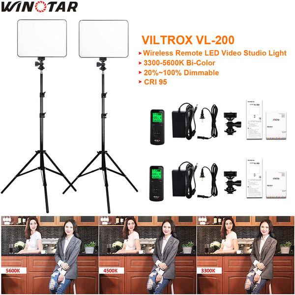 2x VILTROX VL-200 Ultra Thin Dimmable Bi-color LED Video Light Kit / 3300K-5600K CRI 95 + 2x Light Stand + 2x AC adapter