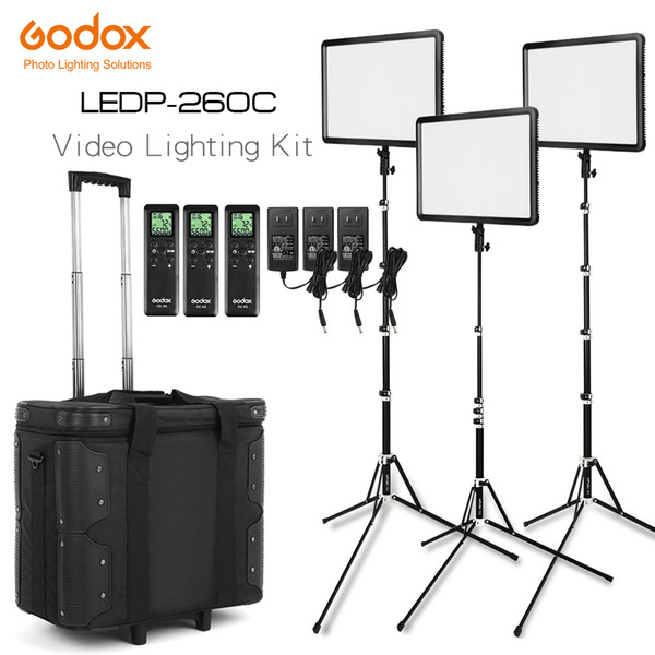 Free DHL Godox LED Light Kit 3x LEDP-260C 3300-5600K Video Light + Light Stand + Roller Carry Bag Video Studio Lights