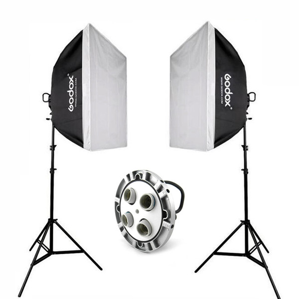 2x Godox TL-4 E27 4 Socket Studio Lighting Bulb Light Holder Head Kit + 60x60cm Softbox + 2m Stand + 33