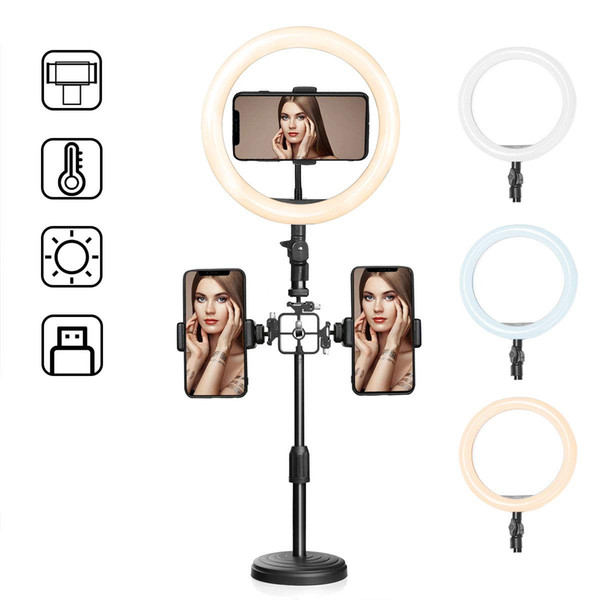 LED Ring Light with Adjustable Stand & 3 Phone Holder,GEMWON 10 inches Dimmable 3 Light Modes & 10 Brightness USB Desktop Beauty Lighting