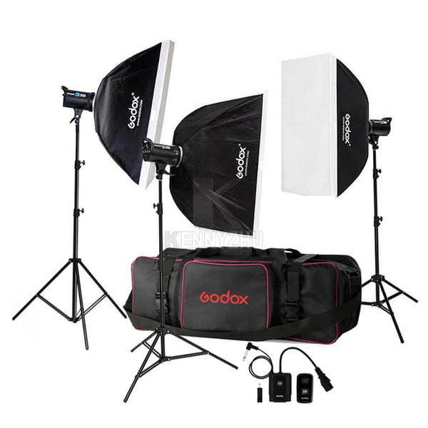 Free DHL 110V/220V Godox DE300 900W /3x 300W 300WS Studio Flash Light Strobe Lighting Kit +70x100cm Softbox + Light Stand+ Carrying Bag