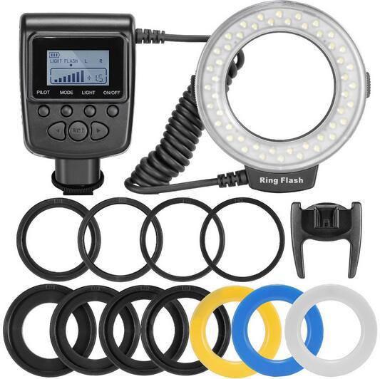 RF-550D 48pcs Macro LED Ring Flash Bundle with 8 Adapter Ring for Canon Nikon Pentax Olympus Panasonic DSLR Camera