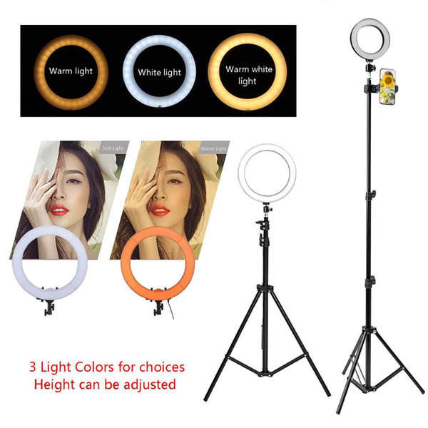 Makeup Live LED Ring Lamp Dimmable& Light Stand Kit Phone Photo Selfie Video 12W Warm White Light Compatible Adjustment 20-200mm