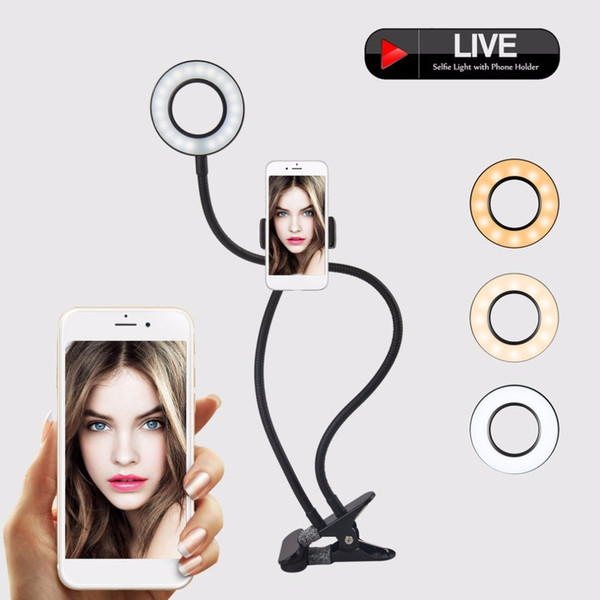 2-in-1 Cell Phone Holder with LED Selfie Ring Light for Live Stream Phone Clip Holder Adjustable Desk Lamp Makeup Light