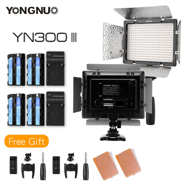 2PCS YONGNUO YN300 III YN300III CRI95 3200K-5500K LED Video Light with Barndoor Photographic + 2x NP550 Battery + Charger