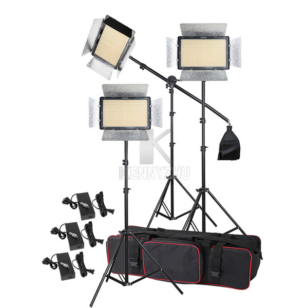 3x Yongnuo YN1200 CRI95 Bi-color 3200-5500K 1200 Led Video Fill Light Lighting Kit +2m Light Stand & Boom Arm +Power Adapter+Bag