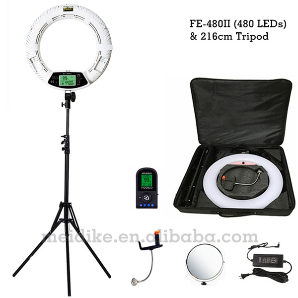 Yidoblo white FE-480II Dimmable Bi-color Ring Light 480 LED Video Continue Lamp LCD RC Photographic Lighting +2M stand+Soft case