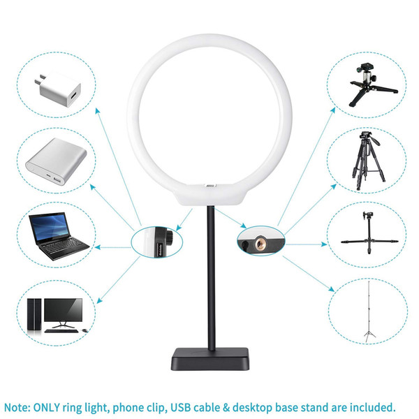 10 inches USB-Powered LED Ring Light: 2-Power 5W/10W Dimmable Bi-color 3200-5500K On-Camera Light with Stand Base, Soft Tube, Cellphone Clam