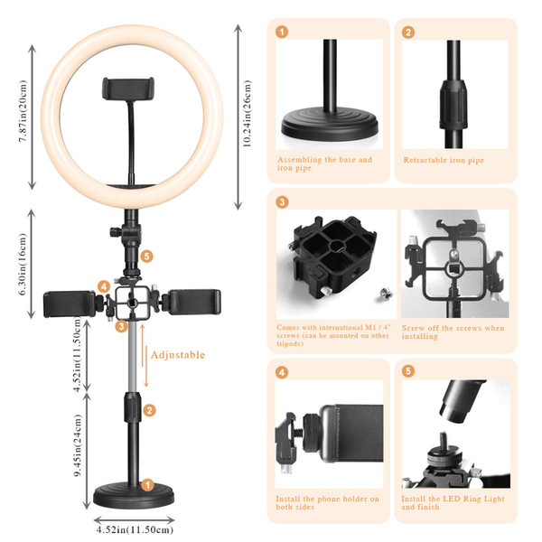 LED Ring Light with Adjustable Stand 3 Phone Holder,10 inches Dimmable 3 Light Modes & 10 Brightness USB Desktop Beauty Lighting for Live