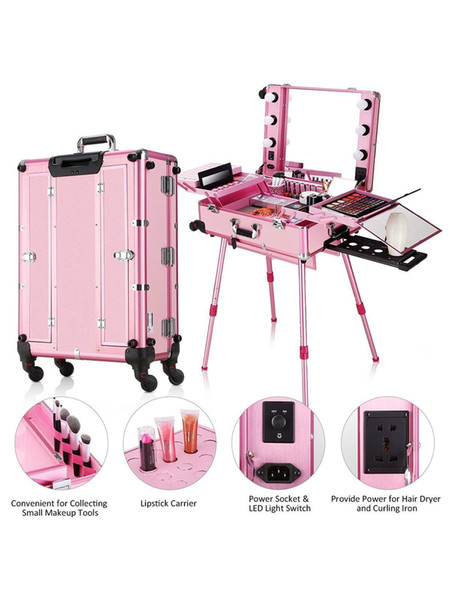 Small LED Makeup Train Case, Lighted Rolling Travel Portable Cosmetic Organizer Box with Mirror and 4 Detachable Wheels