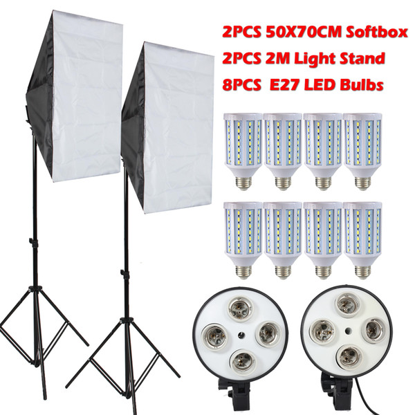 Freeshipping 8PCS Lamps E27 LED Bulbs Photography Lighting Kit Photo Equipment+ 2PCS Softbox Lightbox+Light Stand For Photo Studio Diffuser