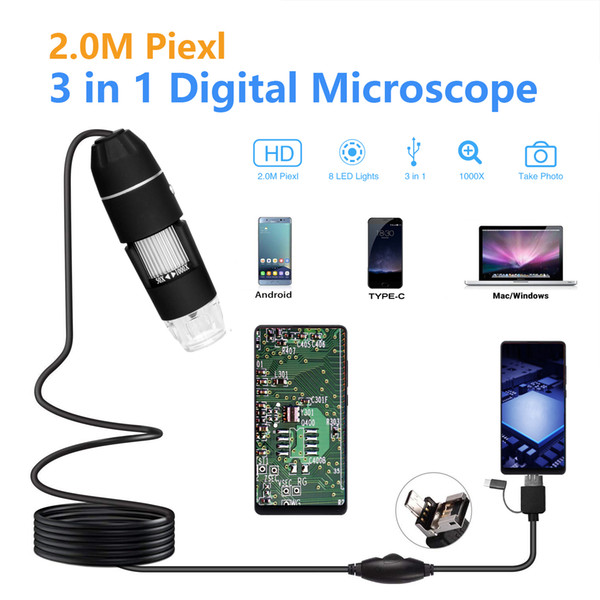 Digital Microscope 2 MP 8 LED Light 50-1000X 3 in 1 USB Microscope 2MP Camera Rechargeable Kids Microscope