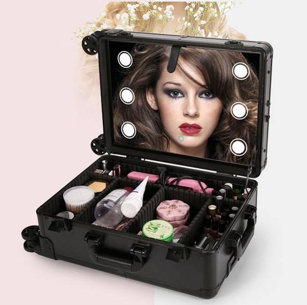 LED Makeup Train Case, Lighted Rolling Travel Portable Cosmetic Organizer Box with Mirror and 4 Detachable Wheels Black