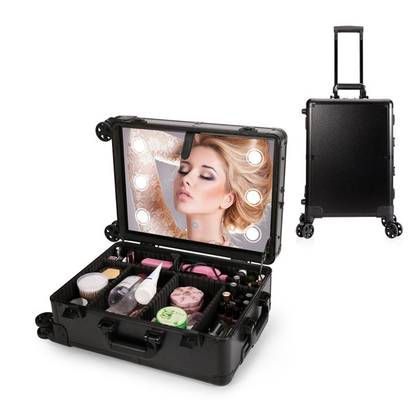 LED Makeup Train Case, Lighted Rolling Travel Portable Cosmetic Organizer Box with Mirror and 4 Detachable Wheels