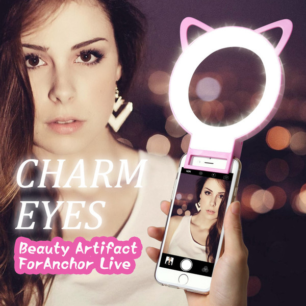 Fashion Charm eyes Selfie Ring Light RK13 Clip Cat Ear LED selfie flash light rechargeable selife fill-light for iPhone7/Samsung Smartphones