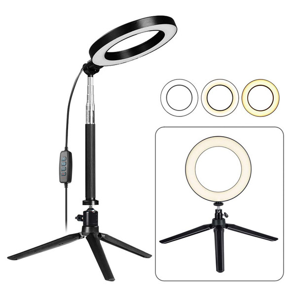 LED Ring Light with Stretchable Tripod Stand Selfie Stick, 6-inch Dimmable Floor/Table Annular Lamp for Selfie, Makeup, Live Stream