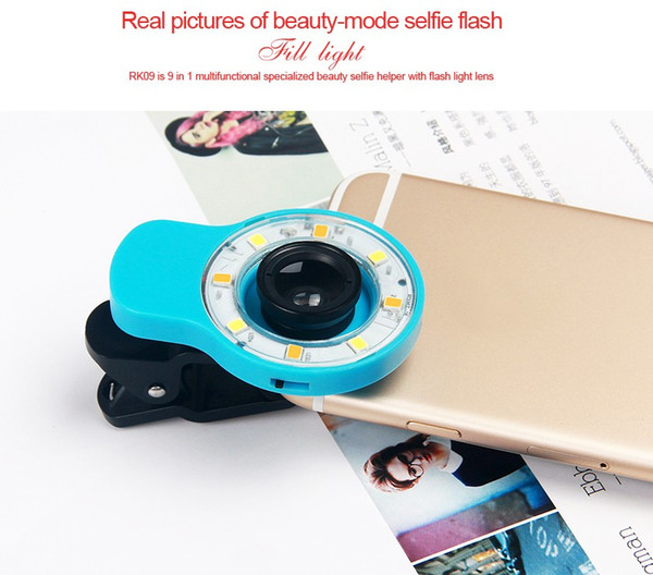 Free DHL hot sale RK09 Night Using Beauty Selfie Sycn Special Effect Phone LED Light Blue w/ Micro Fisheye Wide Lens for Phone Tablet